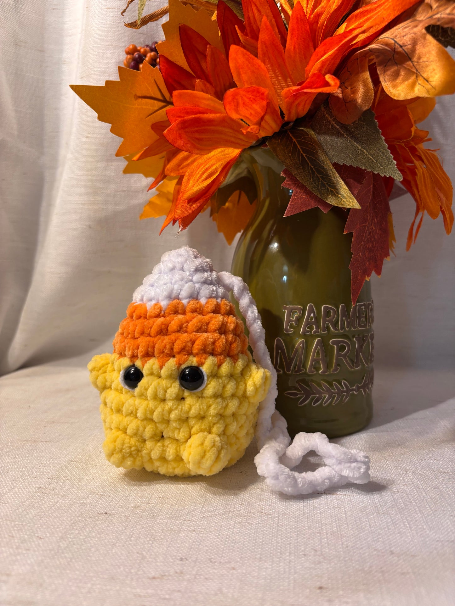Chunky Crochet Candy Corn Car Charm | Fuzzy Amigurumi Rearview Mirror Dangler | Cute Fall Halloween Plushie