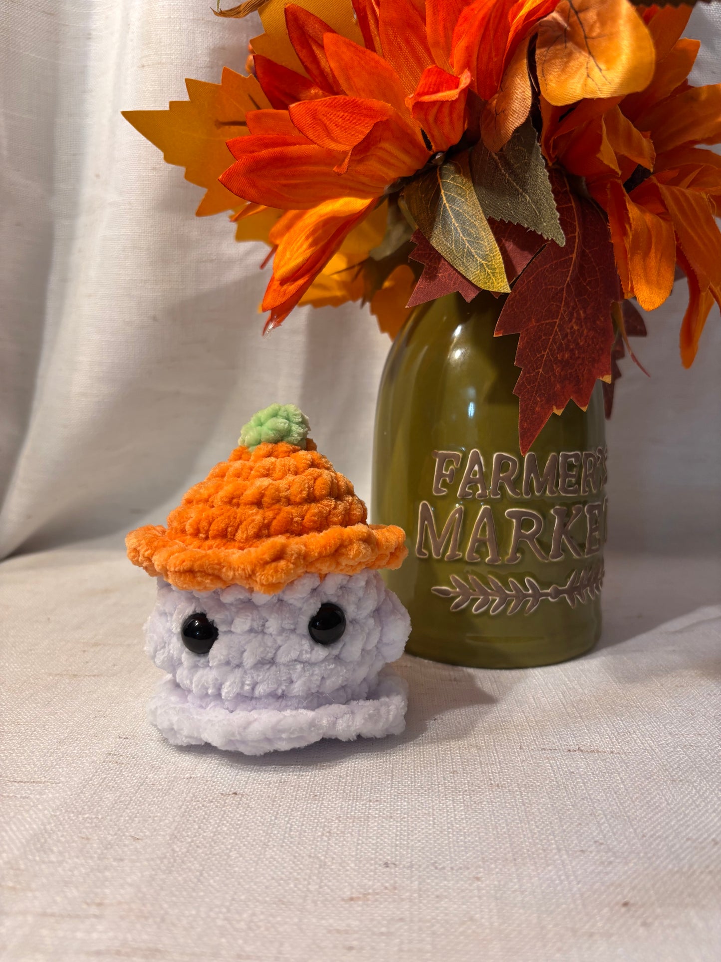Crochet Mushroom Ghost Plushie | Fuzzy Amigurumi Halloween Decor | Fall Pumpkin Ghost Stuffed Animal | Cute Spooky Gift